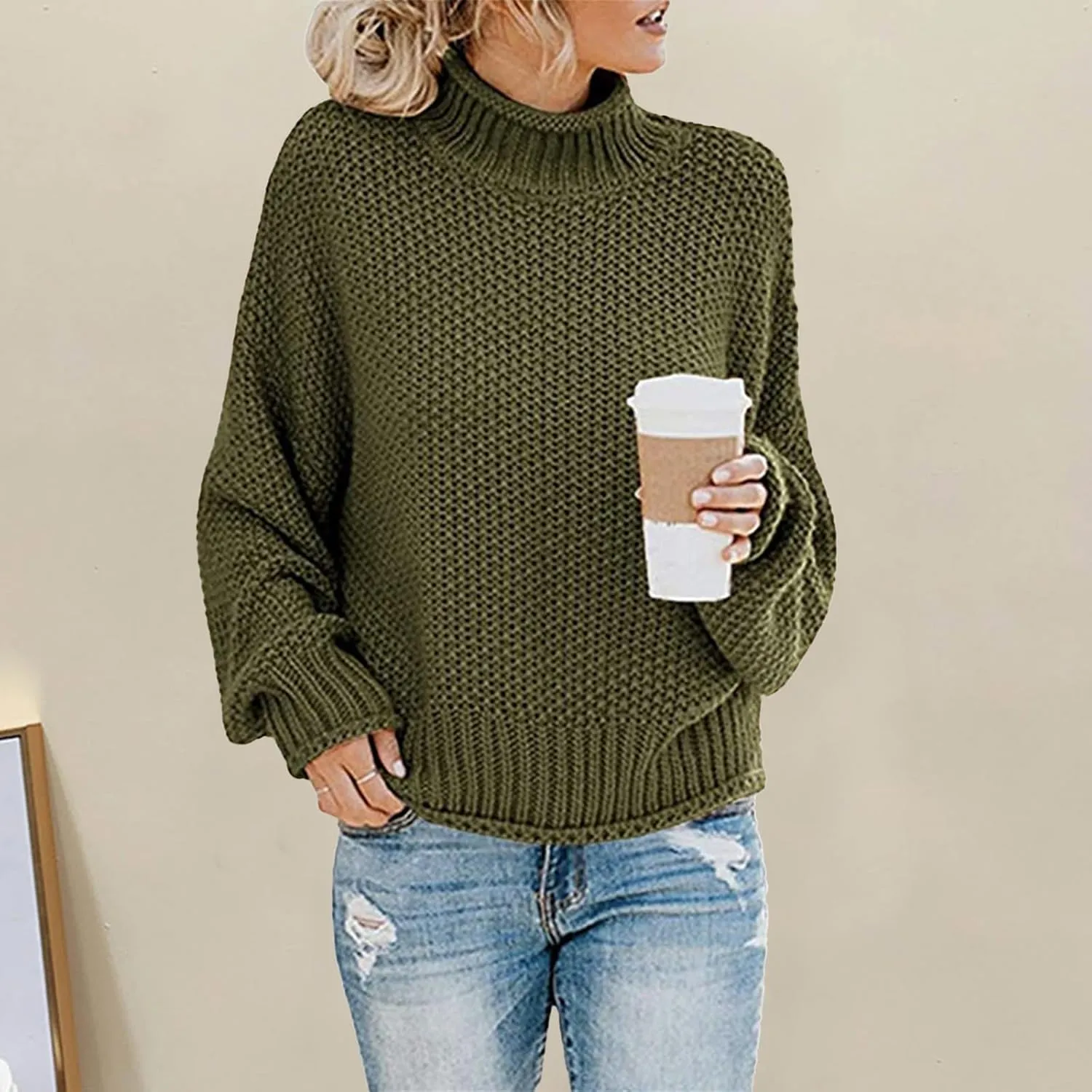 Womens Oversized Turtleneck Sweater Casual Loose Batwing Sleeve Chunky Knit Sweaters Comfy Winter Pullover Jumper Tops