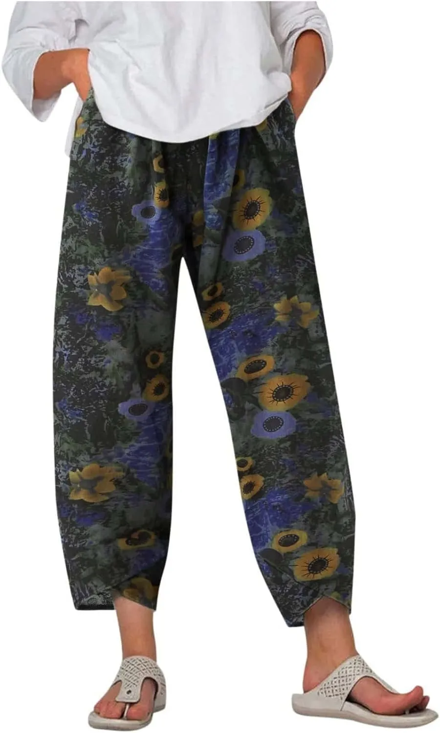 Women's Pants 2023 Summer Casual Fashion Printed Striped Cropped Trousers,Wide Leg Straight Lightweight Cold Pants