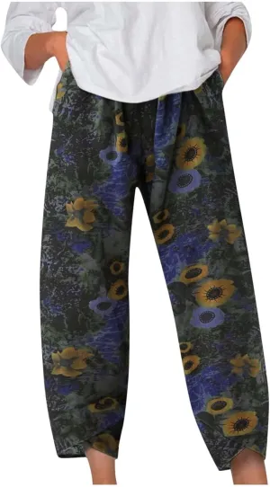 Women's Pants 2023 Summer Casual Fashion Printed Striped Cropped Trousers,Wide Leg Straight Lightweight Cold Pants