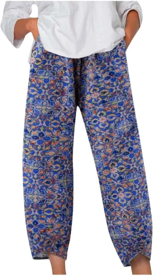 Women's Pants 2023 Summer Casual Fashion Printed Striped Cropped Trousers,Wide Leg Straight Lightweight Cold Pants