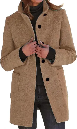 Womens Pea Coat Thicken Stand Collar Single Breasted Peacoat Wool Blend Trench Coat Casual Winter Jacket with Pocket