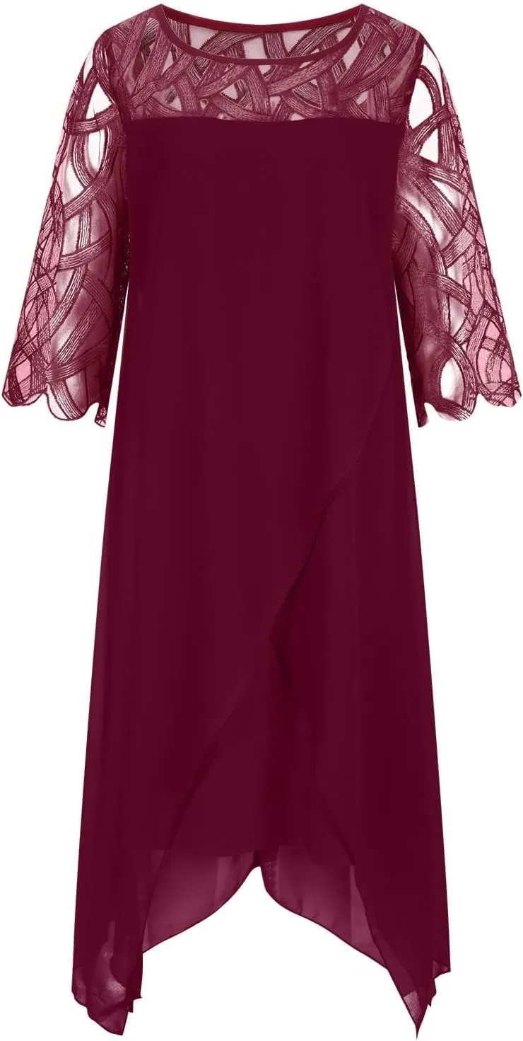 Womens Plus Size Lace 3/4 Sleeve Wrap Dresses Formal Wedding Chiffon Midi Pencil Dress