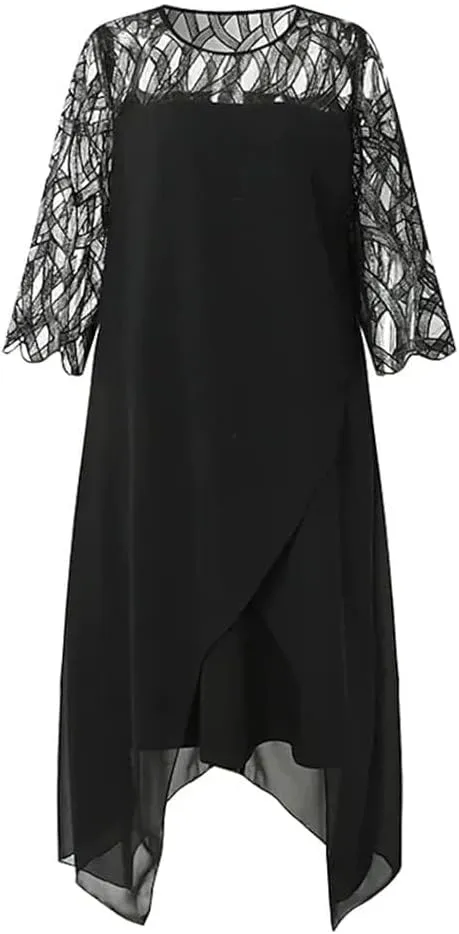 Womens Plus Size Lace 3/4 Sleeve Wrap Dresses Formal Wedding Chiffon Midi Pencil Dress
