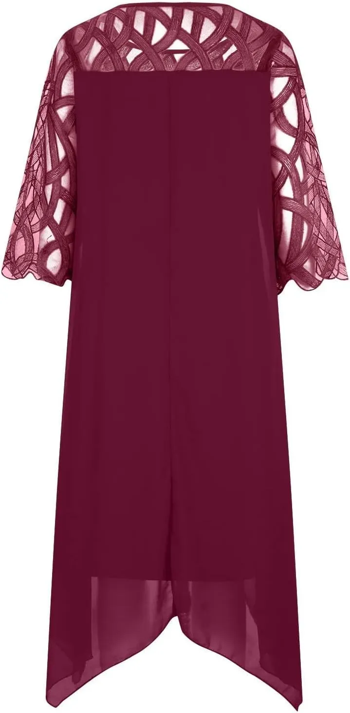 Womens Plus Size Lace 3/4 Sleeve Wrap Dresses Formal Wedding Chiffon Midi Pencil Dress
