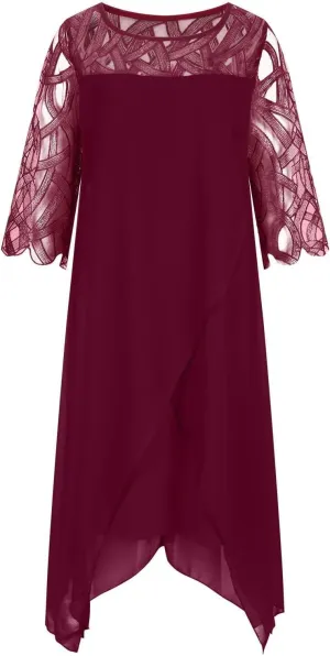 Womens Plus Size Lace 3/4 Sleeve Wrap Dresses Formal Wedding Chiffon Midi Pencil Dress