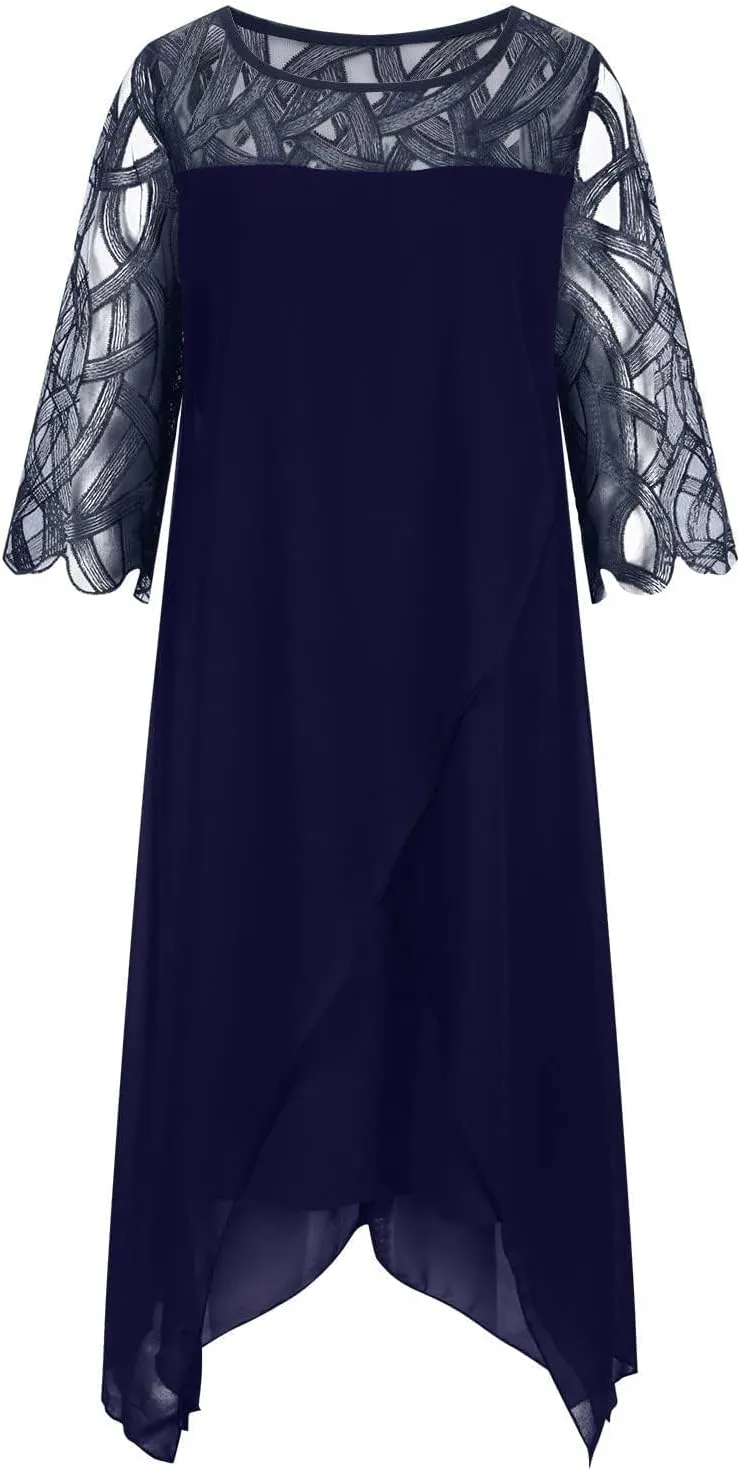 Womens Plus Size Lace 3/4 Sleeve Wrap Dresses Formal Wedding Chiffon Midi Pencil Dress