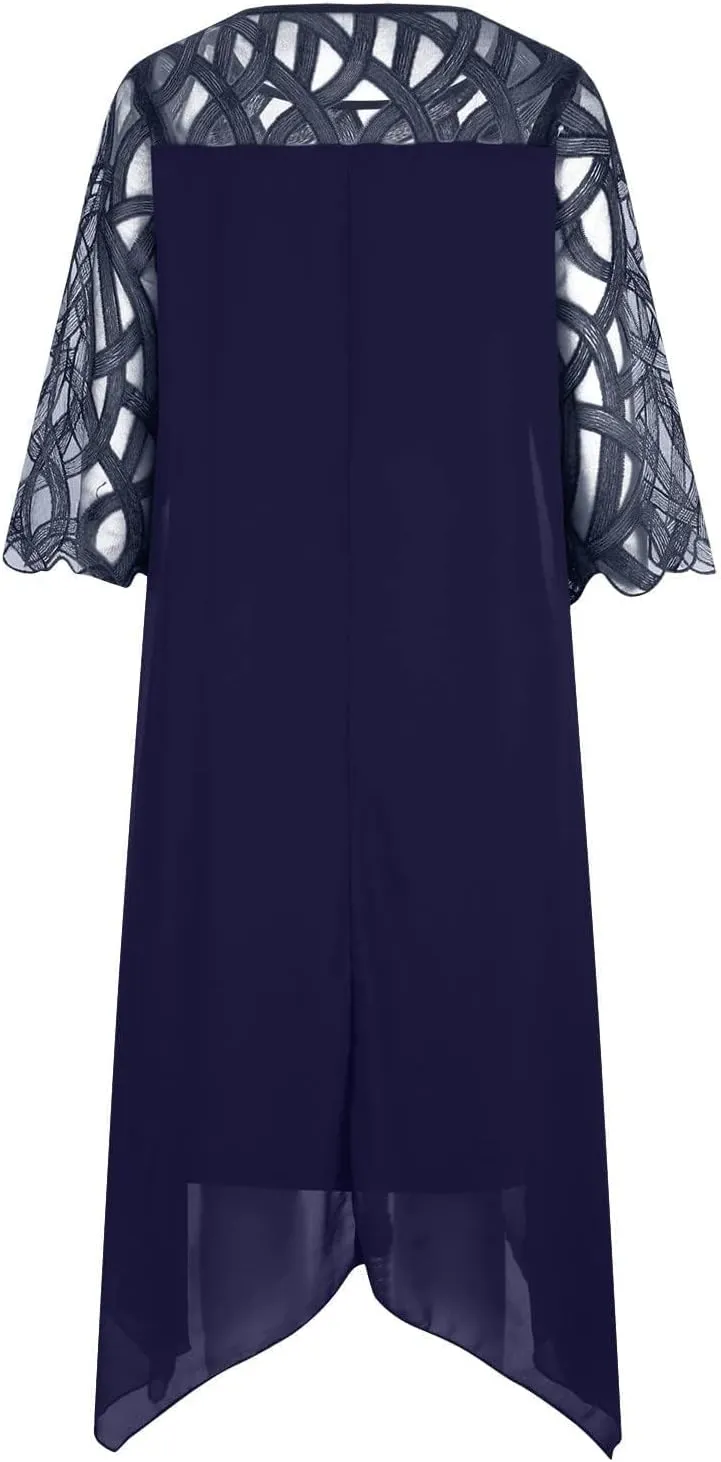 Womens Plus Size Lace 3/4 Sleeve Wrap Dresses Formal Wedding Chiffon Midi Pencil Dress