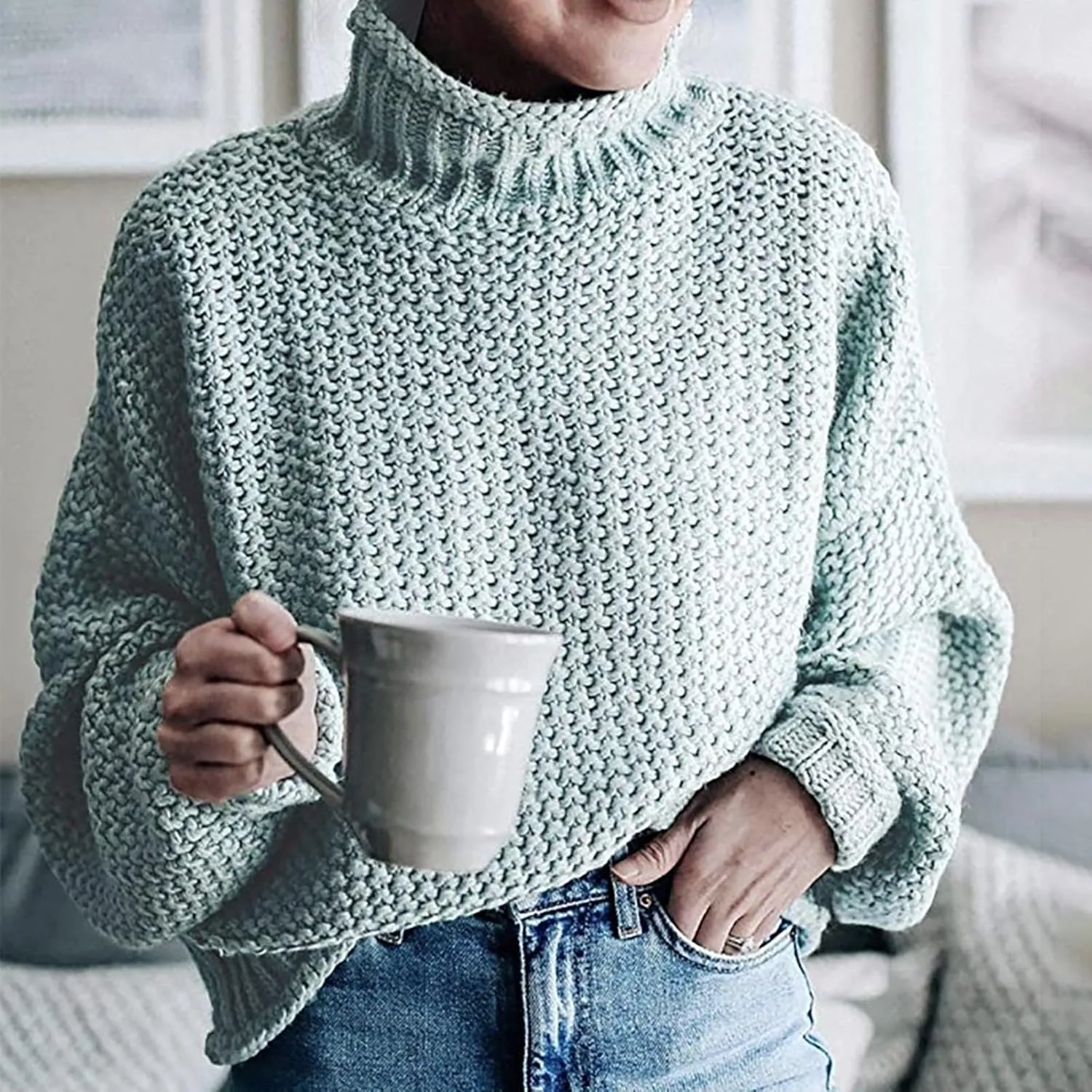 Womens Plus Size Sweater Solid Color Tops, Long-Sleeved Turtleneck Sweaters, Fall Fuzzy Knit Warm Pullover Sweater