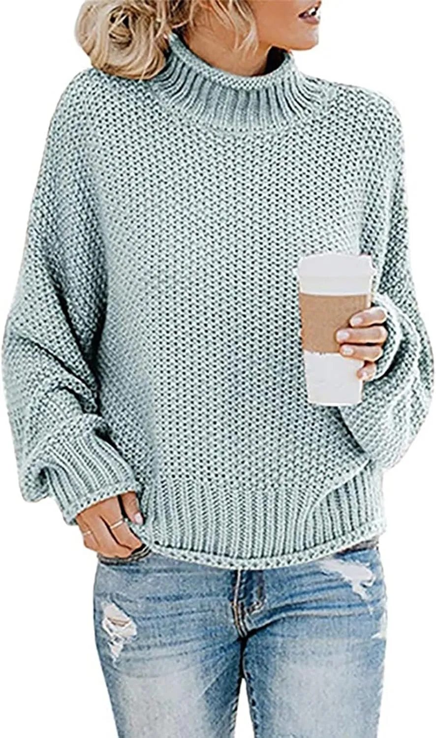 Womens Plus Size Sweater Solid Color Tops, Long-Sleeved Turtleneck Sweaters, Fall Fuzzy Knit Warm Pullover Sweater