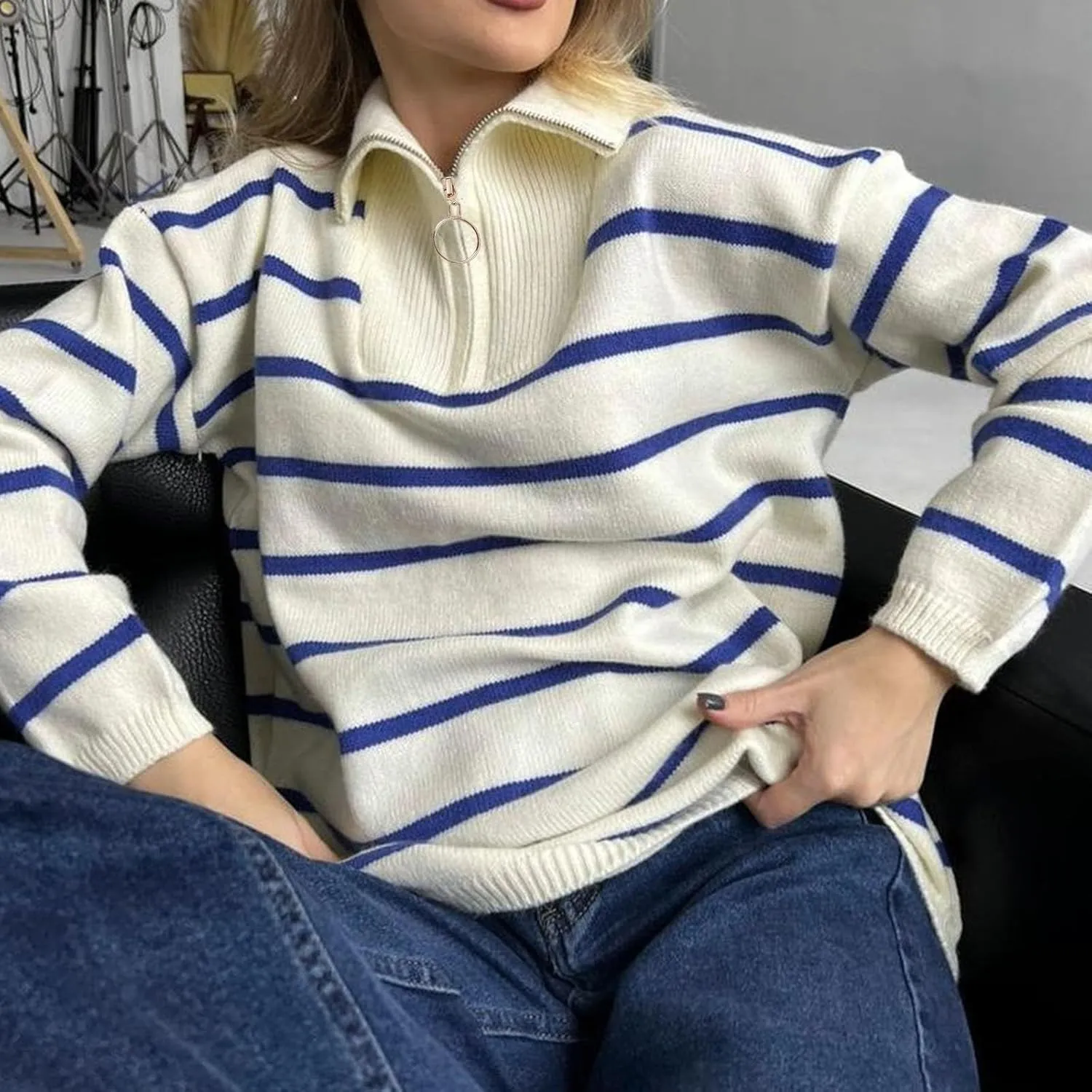 Women's Quarter Zip Lapel Sweater Casual Fit Striped Sweaters Drop Shoulder Long Sleeve Sweater Pullover Top