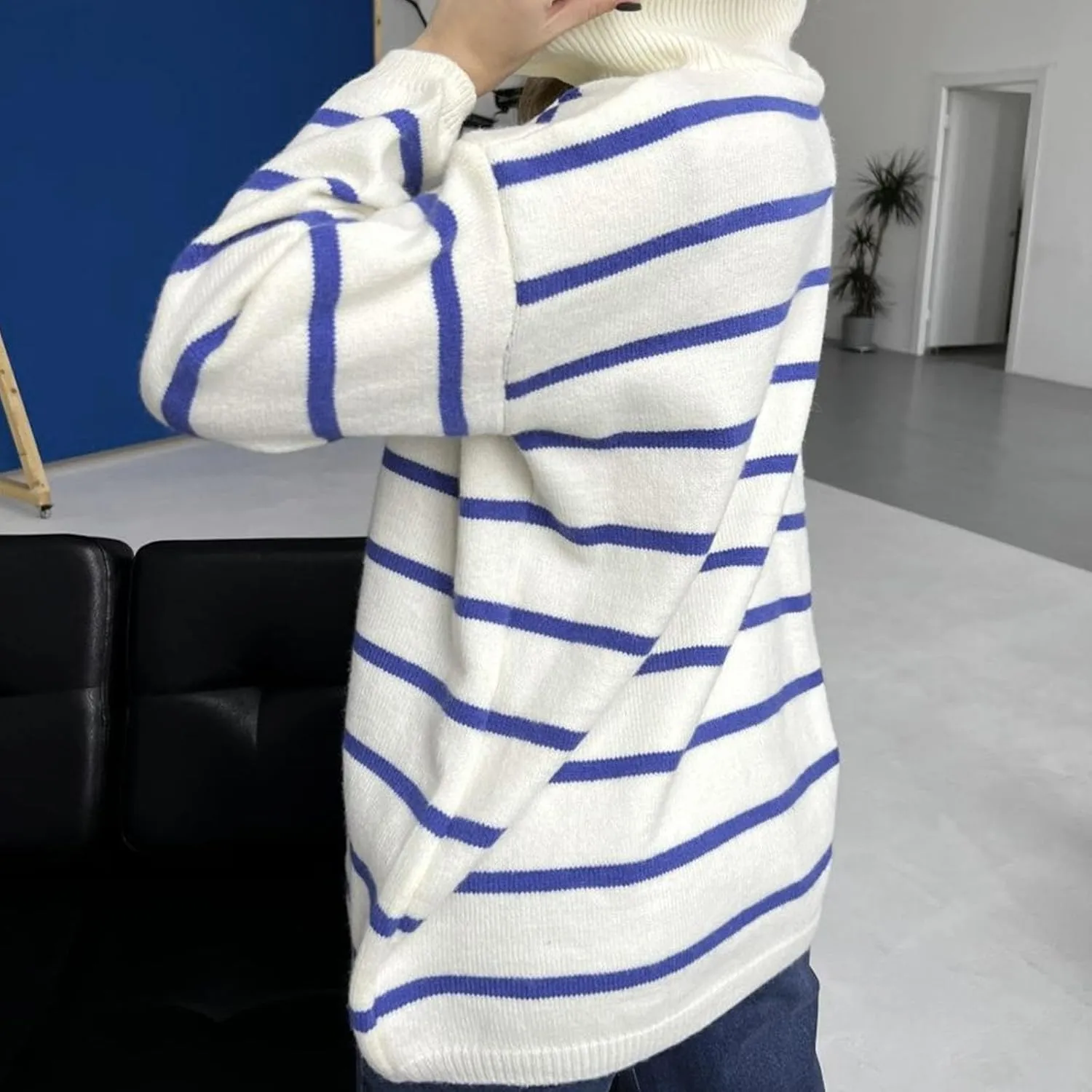 Women's Quarter Zip Lapel Sweater Casual Fit Striped Sweaters Drop Shoulder Long Sleeve Sweater Pullover Top