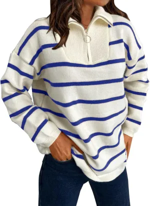 Women's Quarter Zip Lapel Sweater Casual Fit Striped Sweaters Drop Shoulder Long Sleeve Sweater Pullover Top