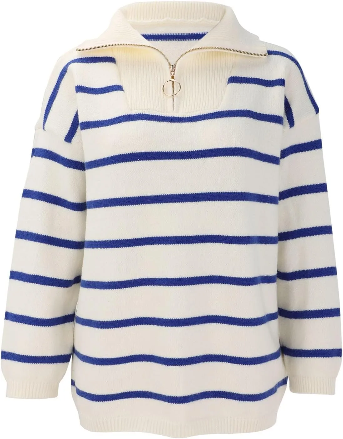 Women's Quarter Zip Lapel Sweater Casual Fit Striped Sweaters Drop Shoulder Long Sleeve Sweater Pullover Top