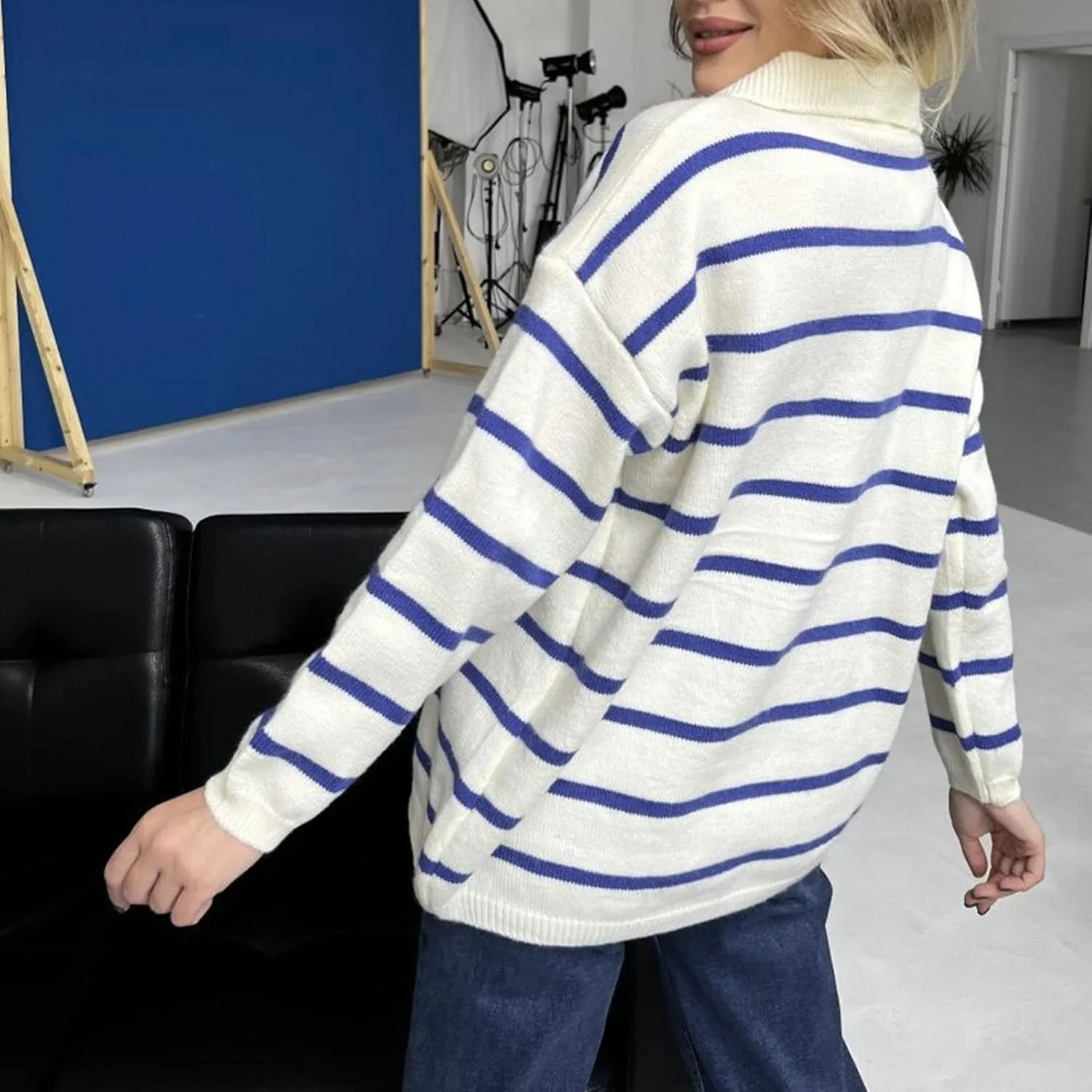 Women's Quarter Zip Lapel Sweater Casual Fit Striped Sweaters Drop Shoulder Long Sleeve Sweater Pullover Top