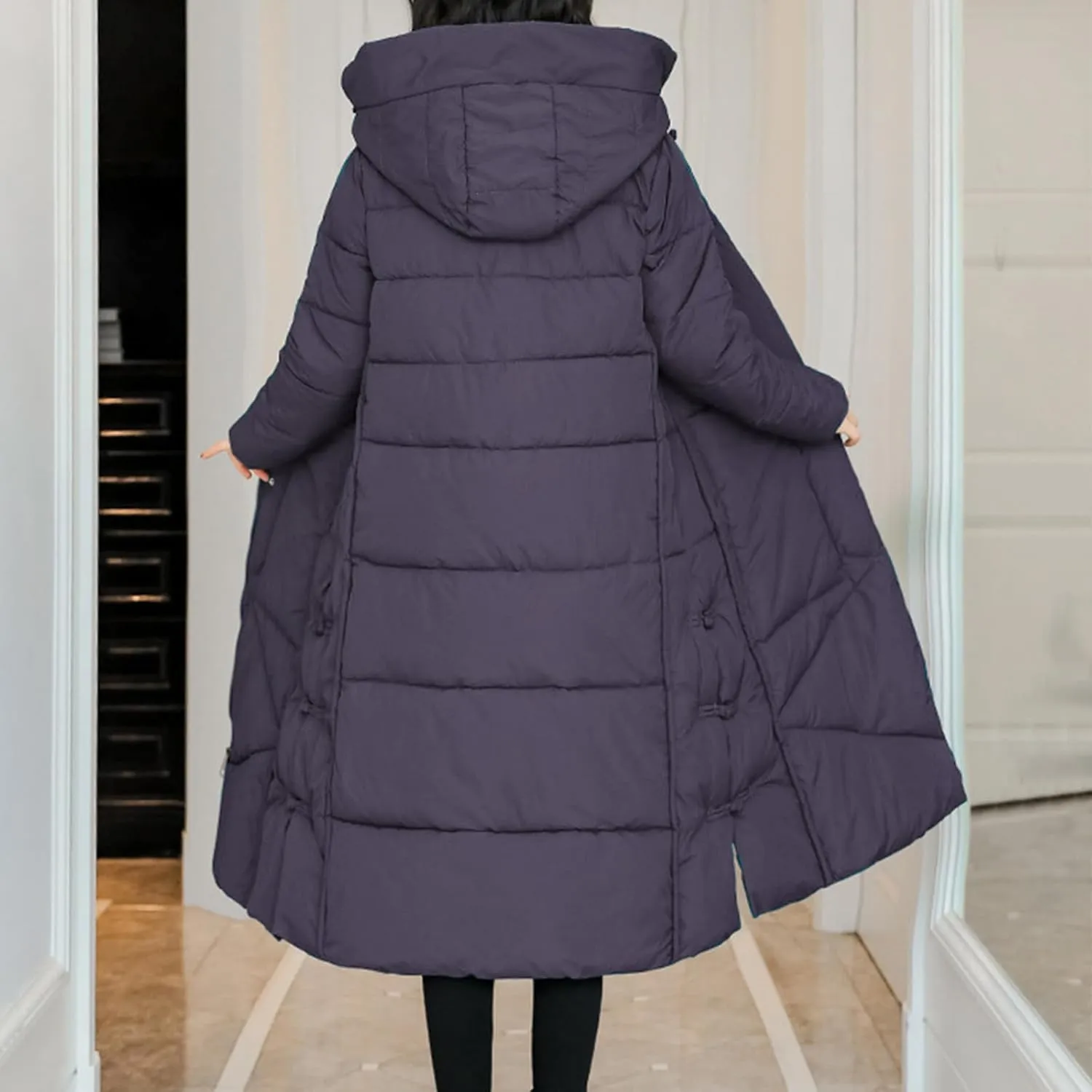 Women's Quilted Long Jackets Winter Zip Up Trench Coats Hooded Baggy Down Puffer Jacket Thickened Winter Warm Parkas
