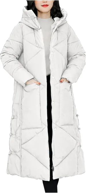 Women's Quilted Long Jackets Winter Zip Up Trench Coats Hooded Baggy Down Puffer Jacket Thickened Winter Warm Parkas