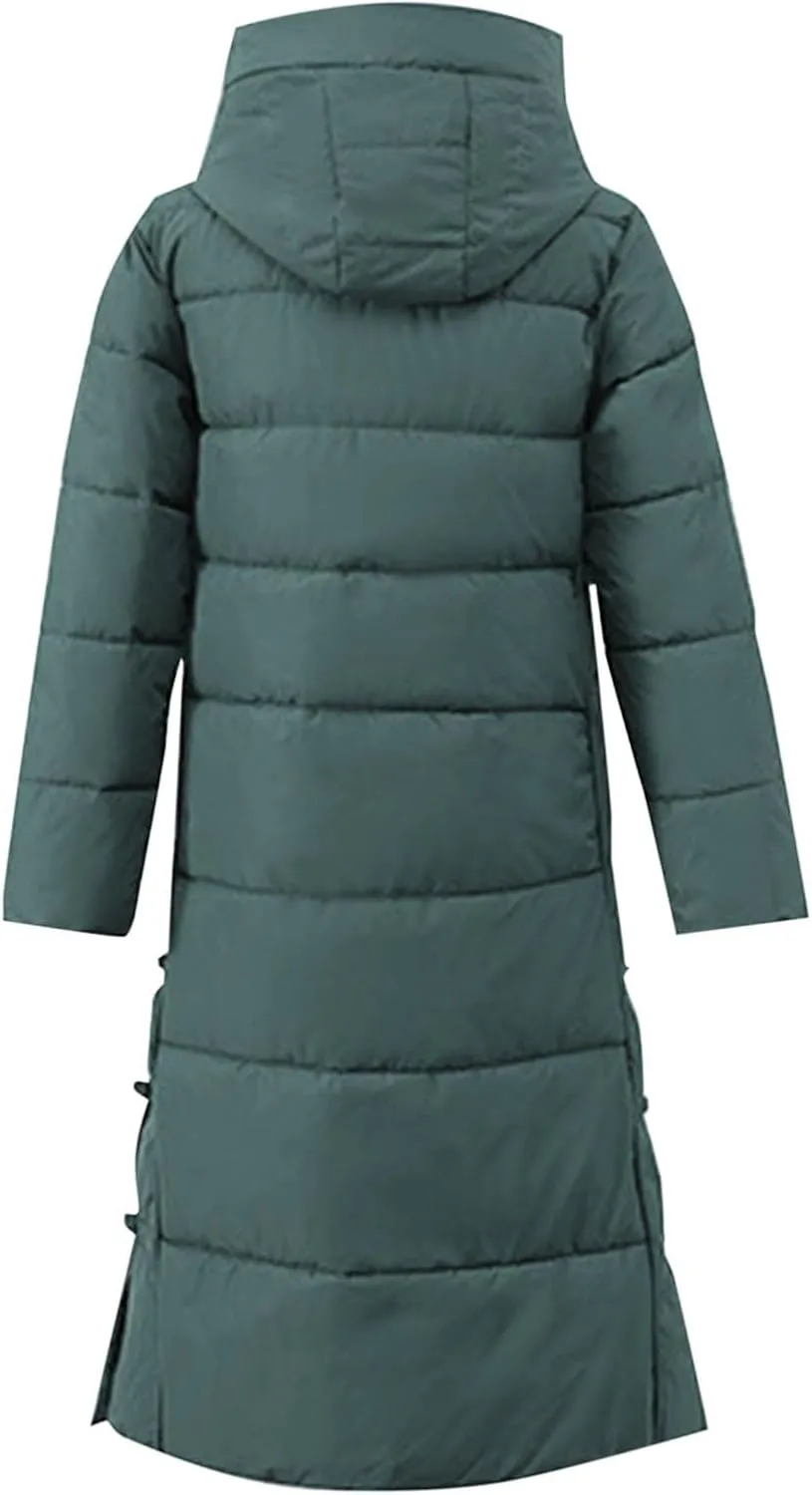 Women's Quilted Long Jackets Winter Zip Up Trench Coats Hooded Baggy Down Puffer Jacket Thickened Winter Warm Parkas