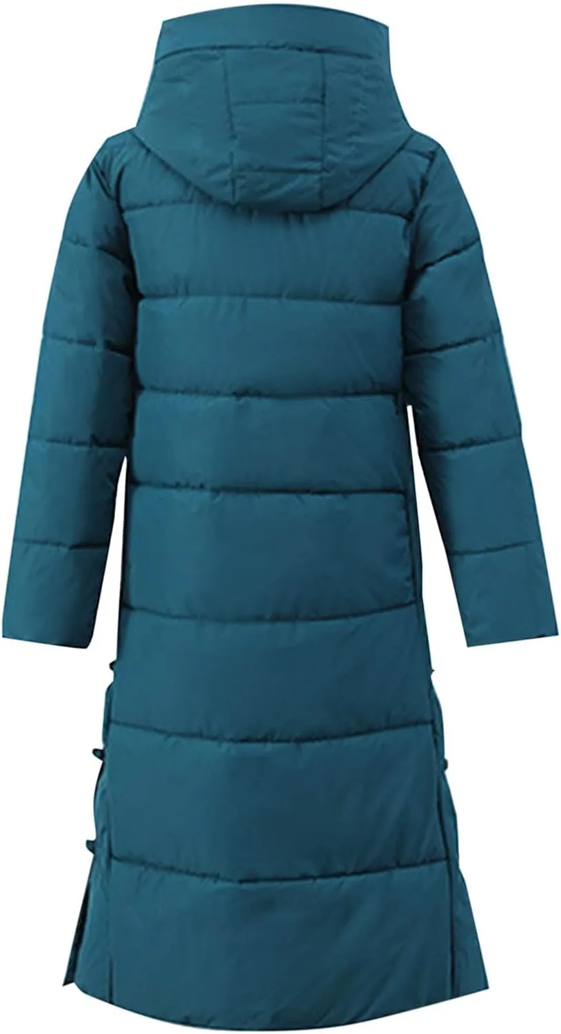 Women's Quilted Long Jackets Winter Zip Up Trench Coats Hooded Baggy Down Puffer Jacket Thickened Winter Warm Parkas