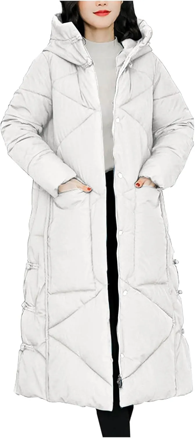 Women's Quilted Long Jackets Winter Zip Up Trench Coats Hooded Baggy Down Puffer Jacket Thickened Winter Warm Parkas