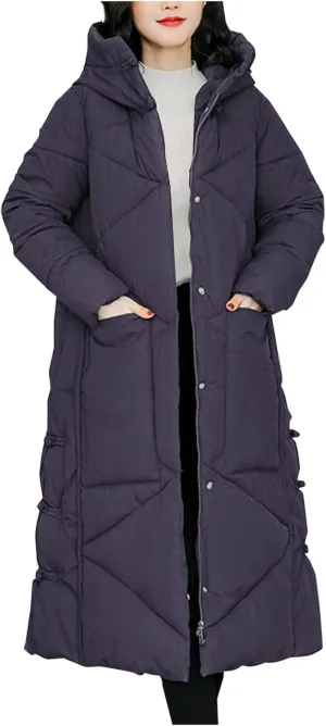Women's Quilted Long Jackets Winter Zip Up Trench Coats Hooded Baggy Down Puffer Jacket Thickened Winter Warm Parkas