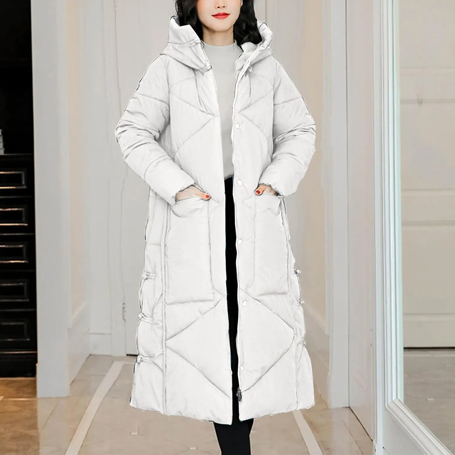 Women's Quilted Long Jackets Winter Zip Up Trench Coats Hooded Baggy Down Puffer Jacket Thickened Winter Warm Parkas