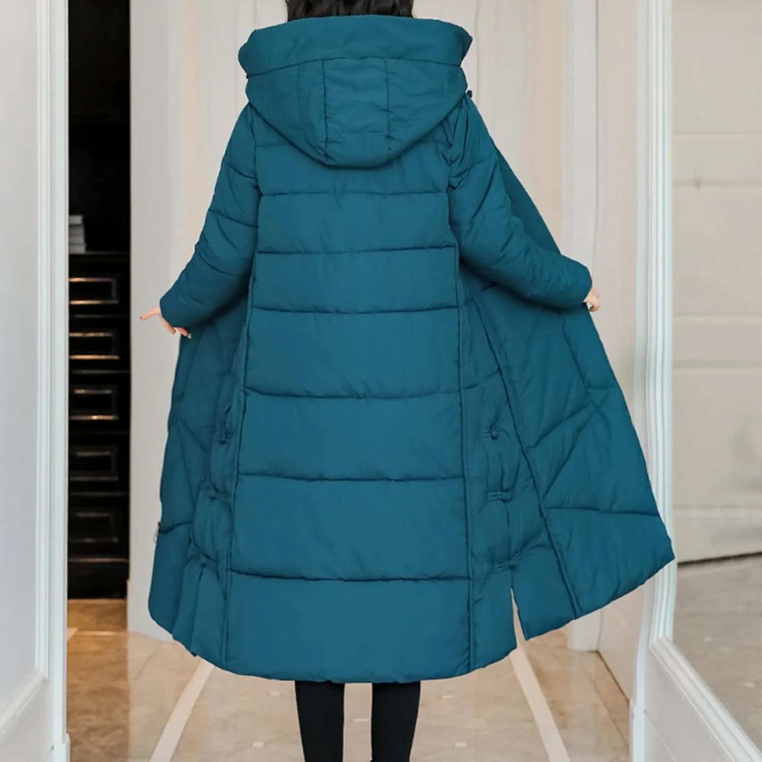 Women's Quilted Long Jackets Winter Zip Up Trench Coats Hooded Baggy Down Puffer Jacket Thickened Winter Warm Parkas