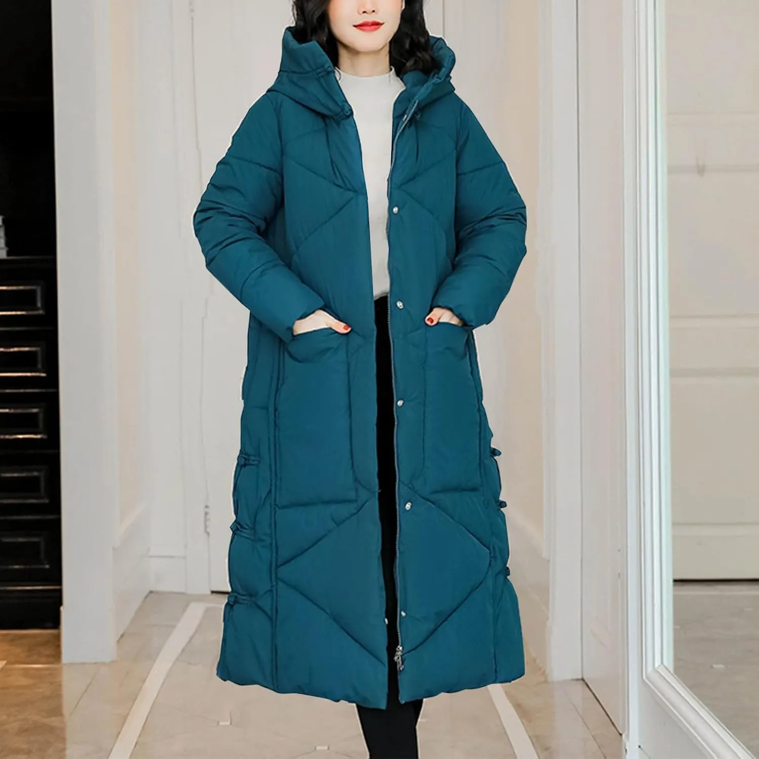 Women's Quilted Long Jackets Winter Zip Up Trench Coats Hooded Baggy Down Puffer Jacket Thickened Winter Warm Parkas