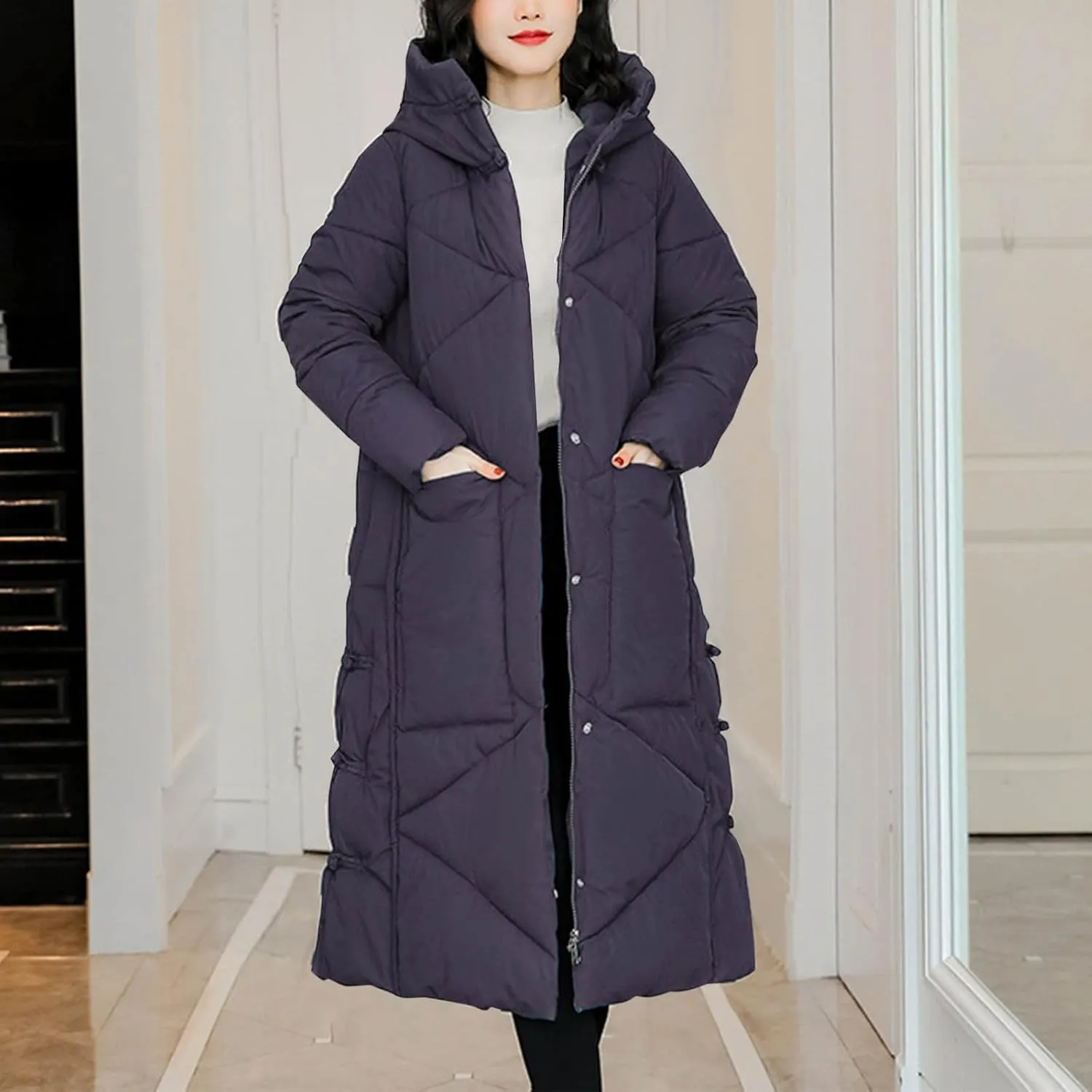 Women's Quilted Long Jackets Winter Zip Up Trench Coats Hooded Baggy Down Puffer Jacket Thickened Winter Warm Parkas
