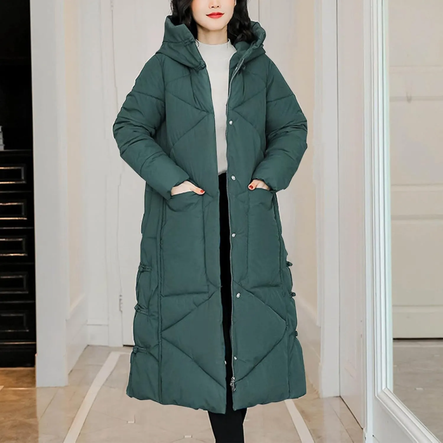 Women's Quilted Long Jackets Winter Zip Up Trench Coats Hooded Baggy Down Puffer Jacket Thickened Winter Warm Parkas