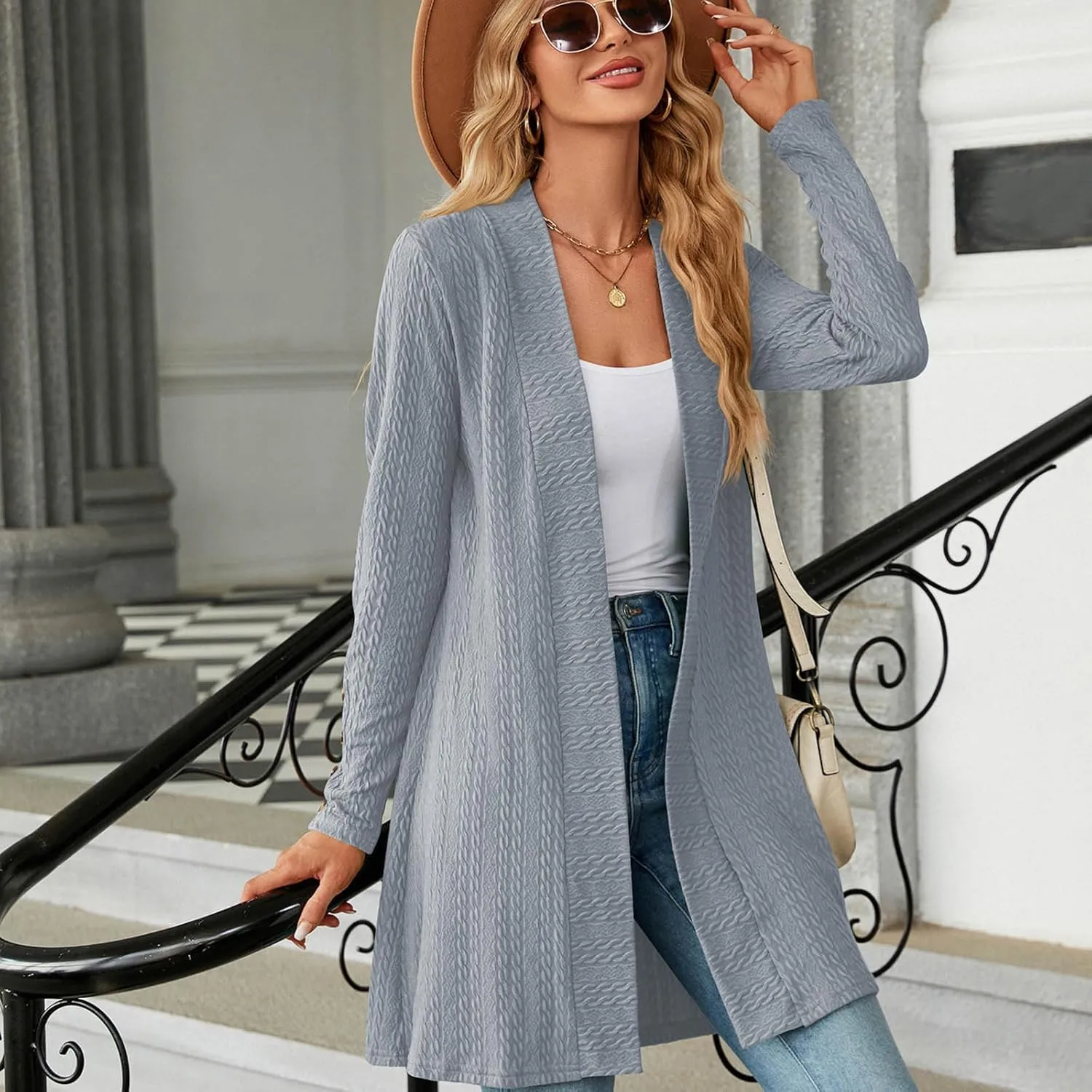 Women's Ribbed Knitted Open Front Cardigan Sweaters Long Sleeve Lightweight Sweater Coat Winter Soft Comfy Sweater