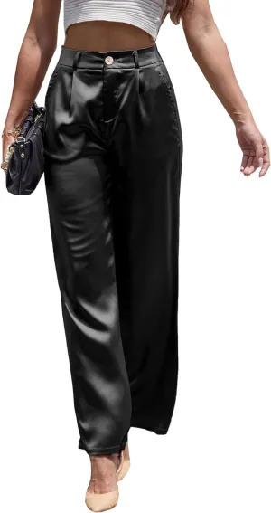 Women's Sequin Sparkly Glitter High Waist Wide Leg Silky Satin Pants Night Out Party Clubwear Trousers