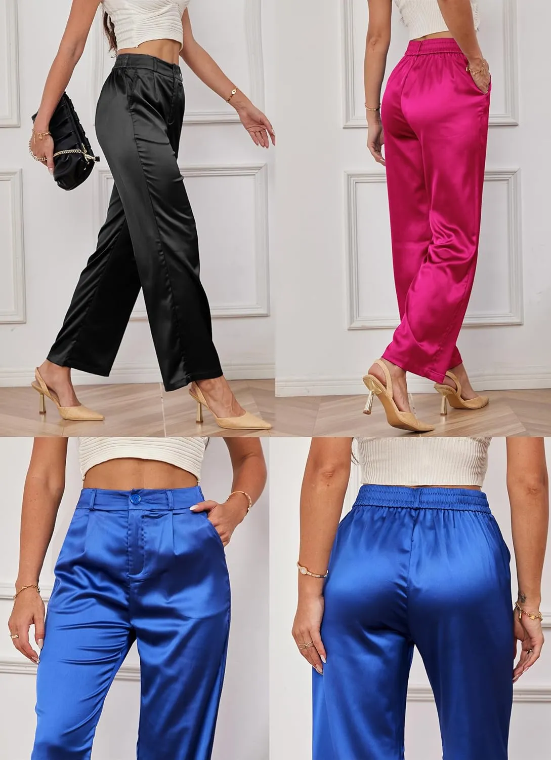 Women's Sequin Sparkly Glitter High Waist Wide Leg Silky Satin Pants Night Out Party Clubwear Trousers