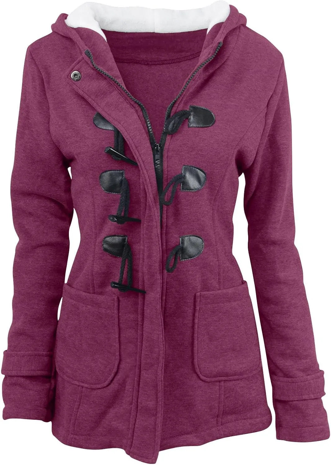 Womens Sherpa Lined Jacket Fashion Horn Button Fleece Thicken Parka Coat with Hood Winter Outdoor Warm Puffer Down