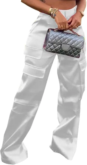 Women's Shiny Satin Cargo Pants Silky Metallic Extra Long Casual Trousers with Multi Pockets