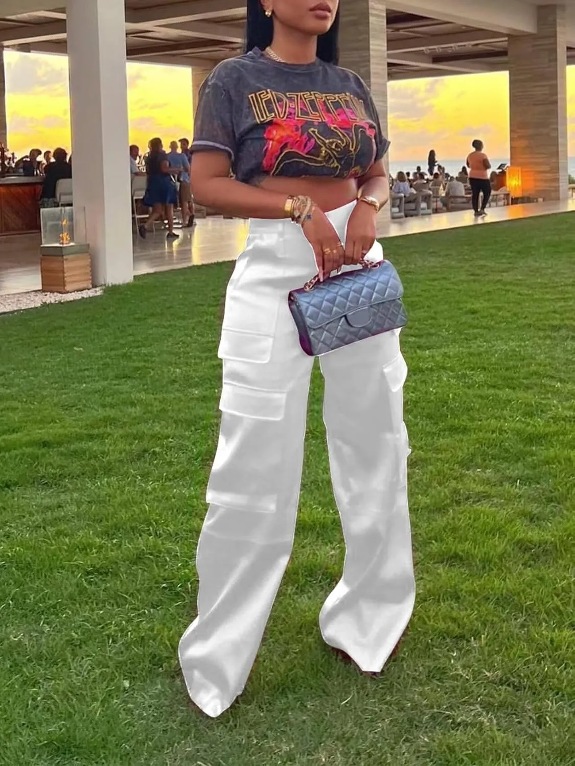 Women's Shiny Satin Cargo Pants Silky Metallic Extra Long Casual Trousers with Multi Pockets