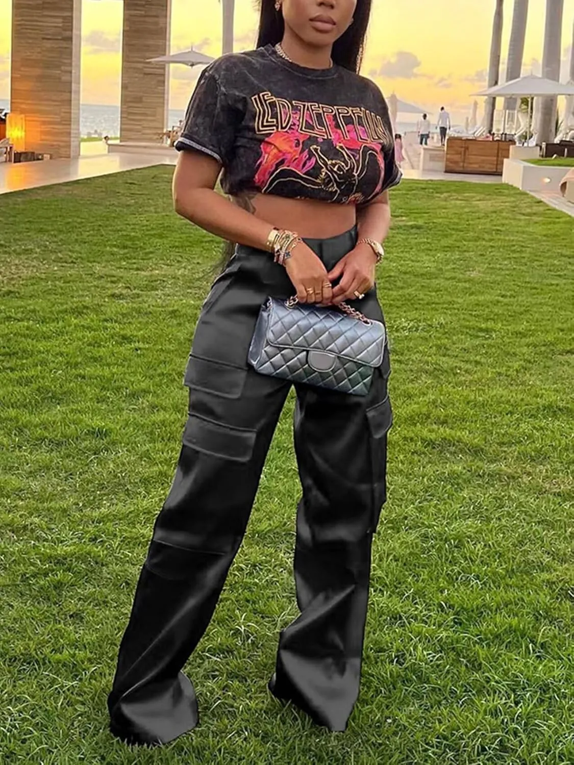 Women's Shiny Satin Cargo Pants Silky Metallic Extra Long Casual Trousers with Multi Pockets