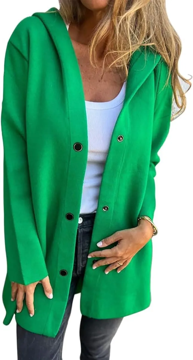 Womens Single Breasted Hooded Jacket Wool Blend Peacoat pen Front Cardigan Trench Coat for Women