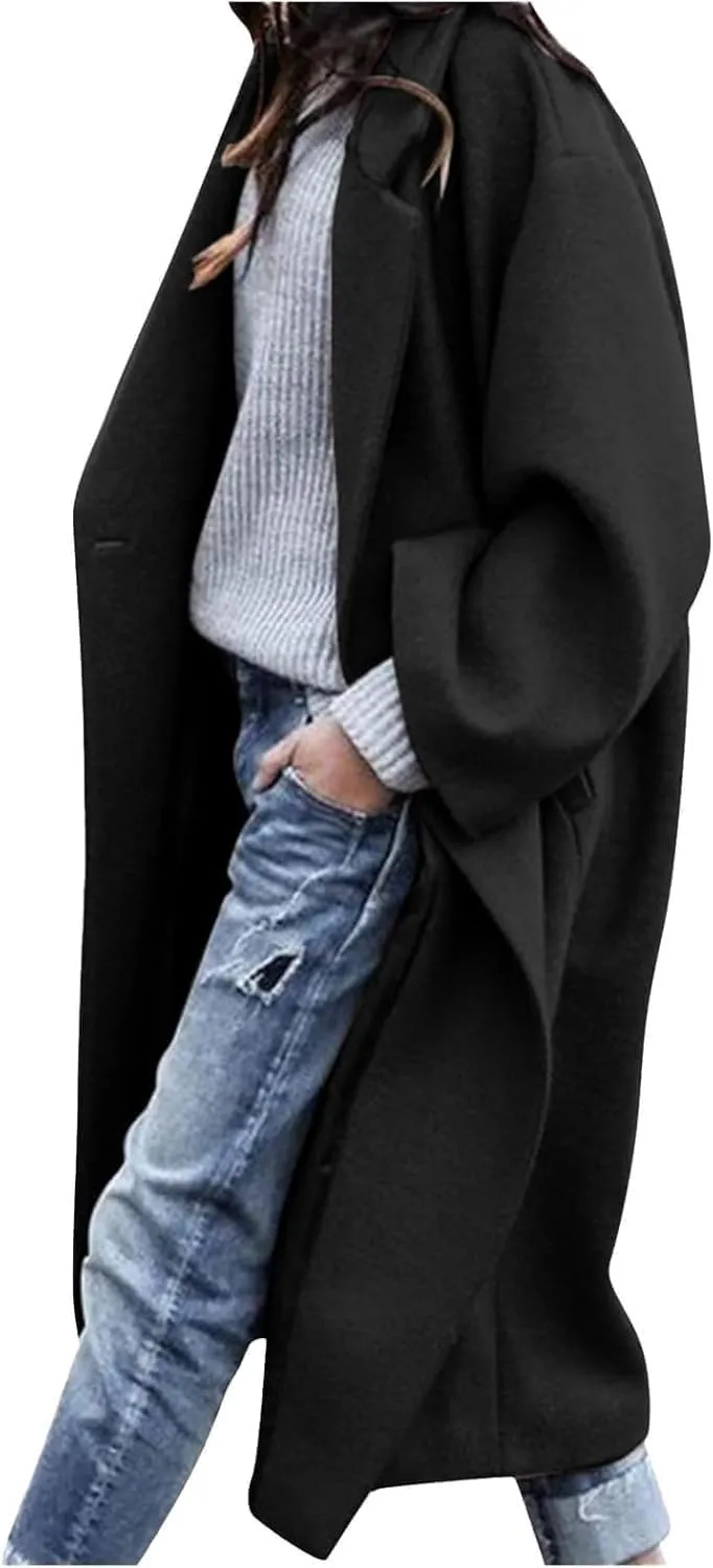 Womens Single Breasted Wool Blend Coat Shawl Collar Overcoat Trench Jackets