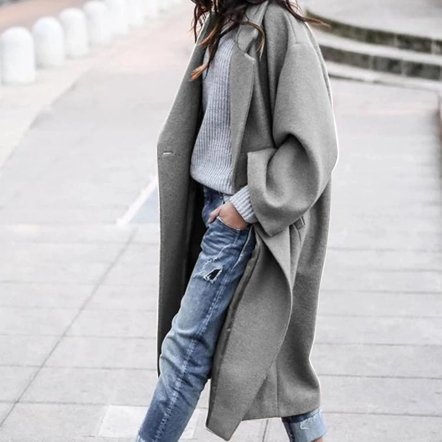 Womens Single Breasted Wool Blend Coat Shawl Collar Overcoat Trench Jackets