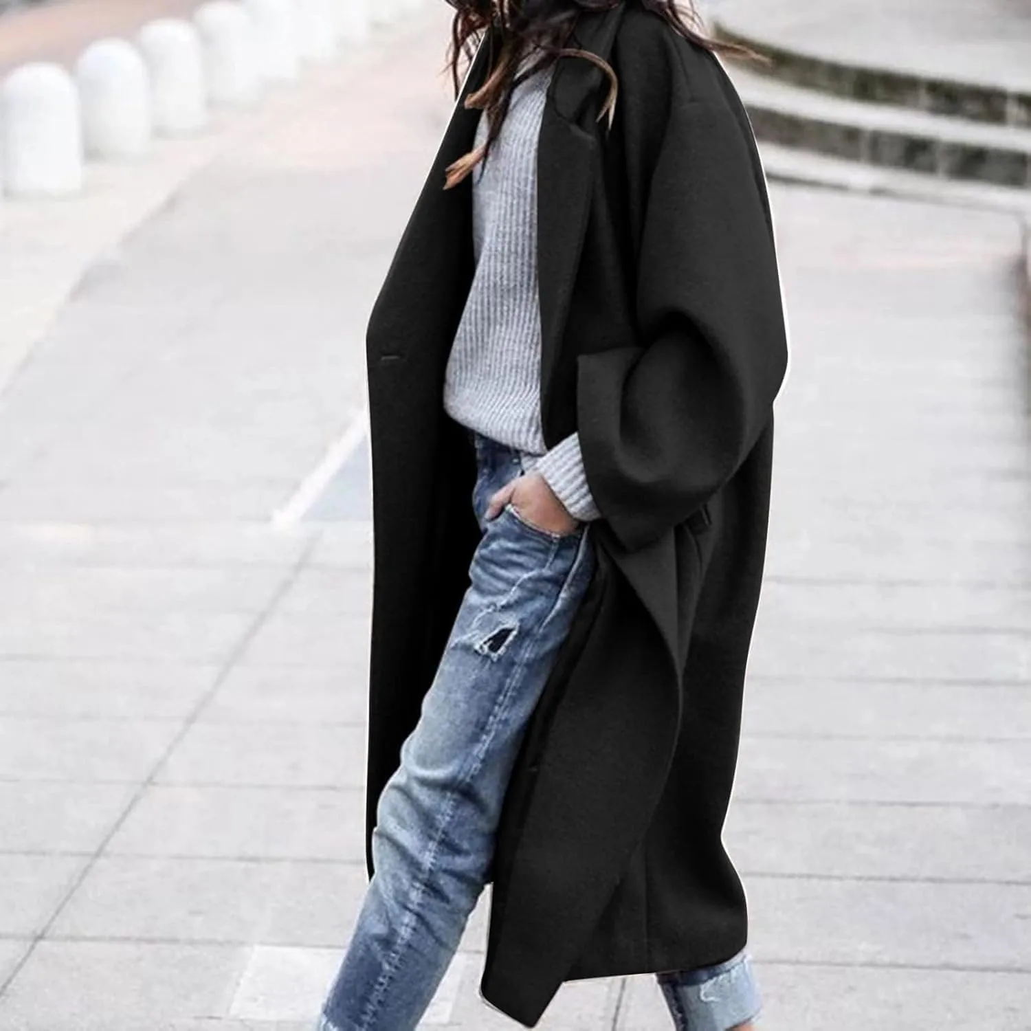 Womens Single Breasted Wool Blend Coat Shawl Collar Overcoat Trench Jackets