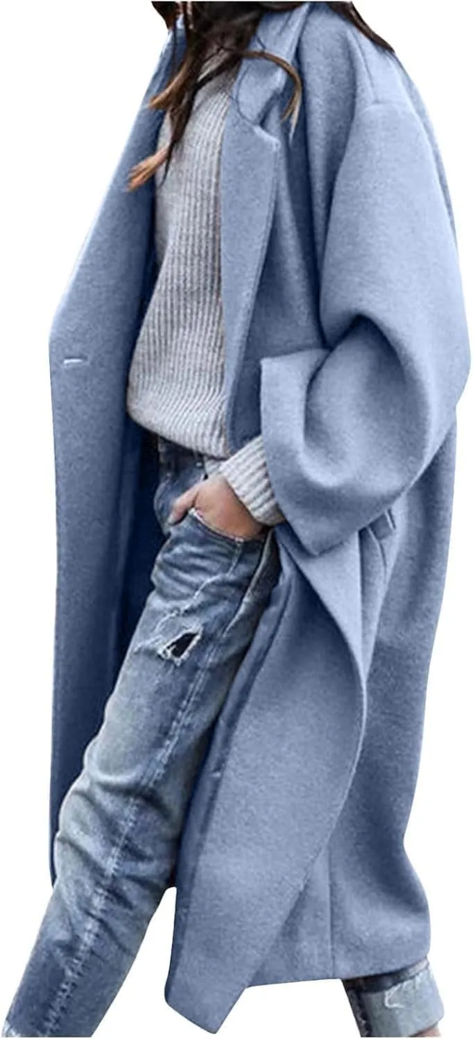 Womens Single Breasted Wool Blend Coat Shawl Collar Overcoat Trench Jackets