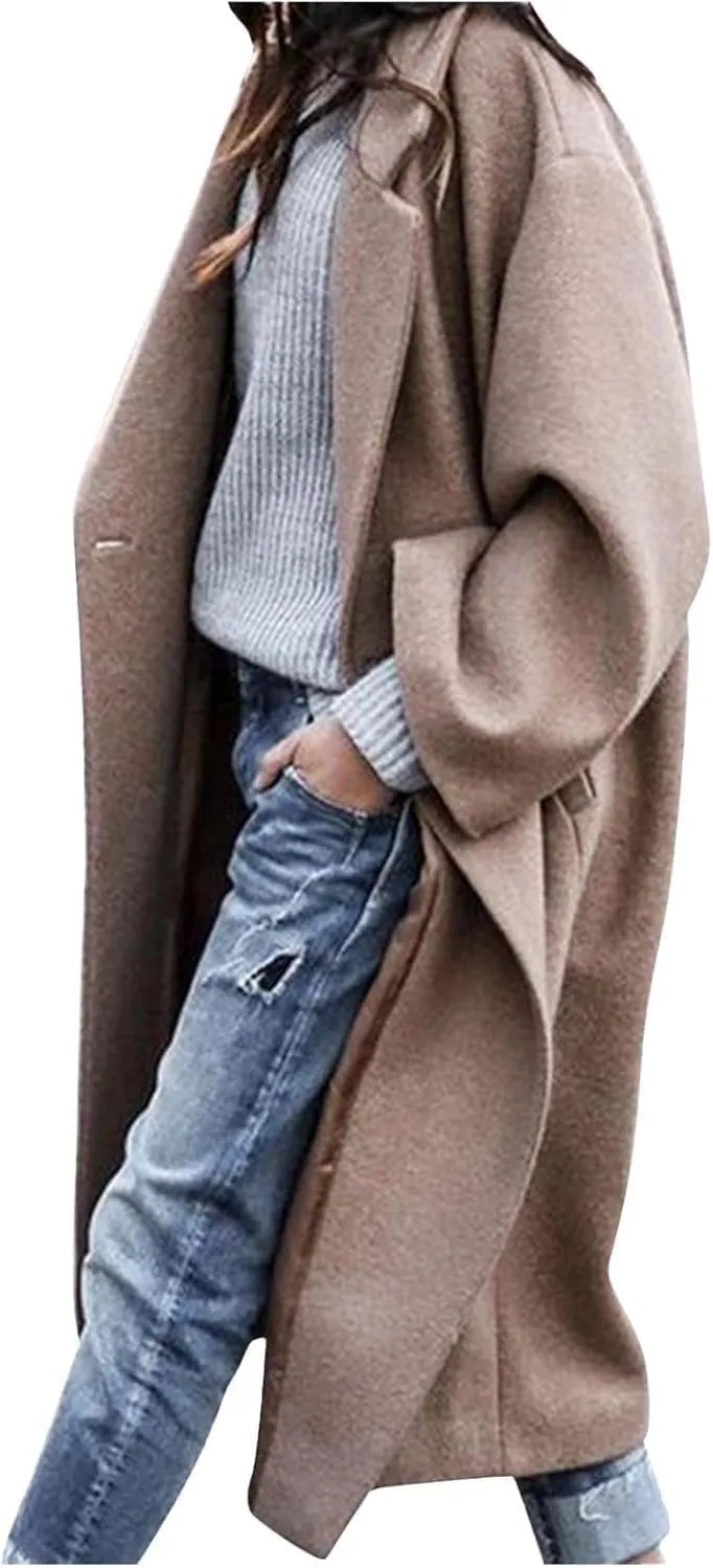 Womens Single Breasted Wool Blend Coat Shawl Collar Overcoat Trench Jackets