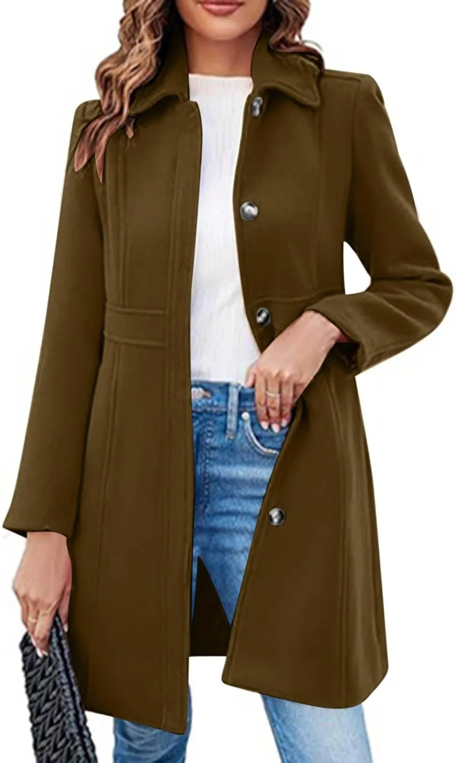 Women's Single Breasted Wool Coat Long Sleeve Mid Length Winter Jackets Overcoat Elegant Dressy Work Office Pea Coats