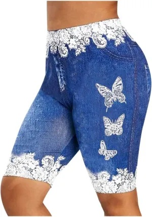 Womens Stretchy Bermuda Shorts Jeans Fake Denim Leggings High Waist Butterfly Printed Jeggings Plus Size Biker Short