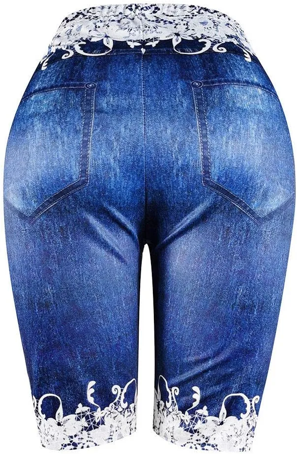 Womens Stretchy Bermuda Shorts Jeans Fake Denim Leggings High Waist Butterfly Printed Jeggings Plus Size Biker Short