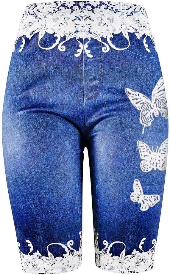 Womens Stretchy Bermuda Shorts Jeans Fake Denim Leggings High Waist Butterfly Printed Jeggings Plus Size Biker Short