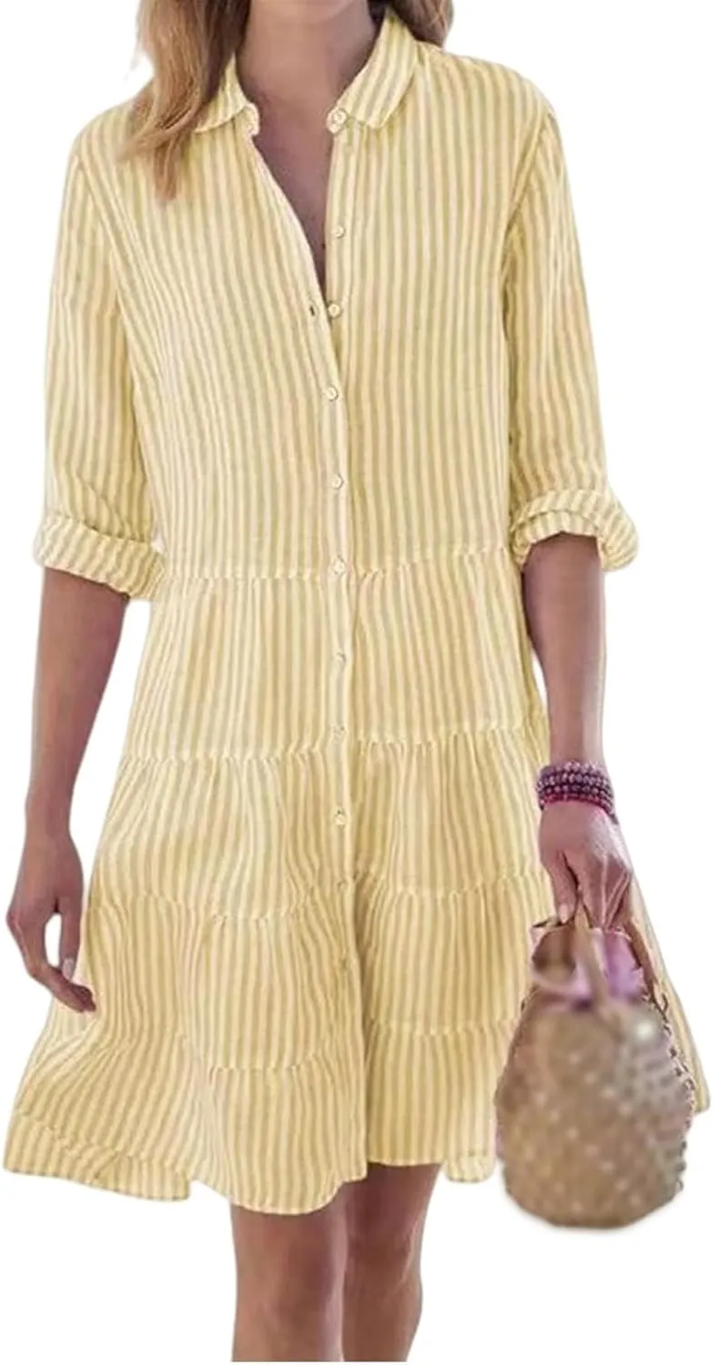 Womens Striped Shirt Dresses Summer Collared Button Down Boho Beach Cuffed Long Sleeve Mini Dress