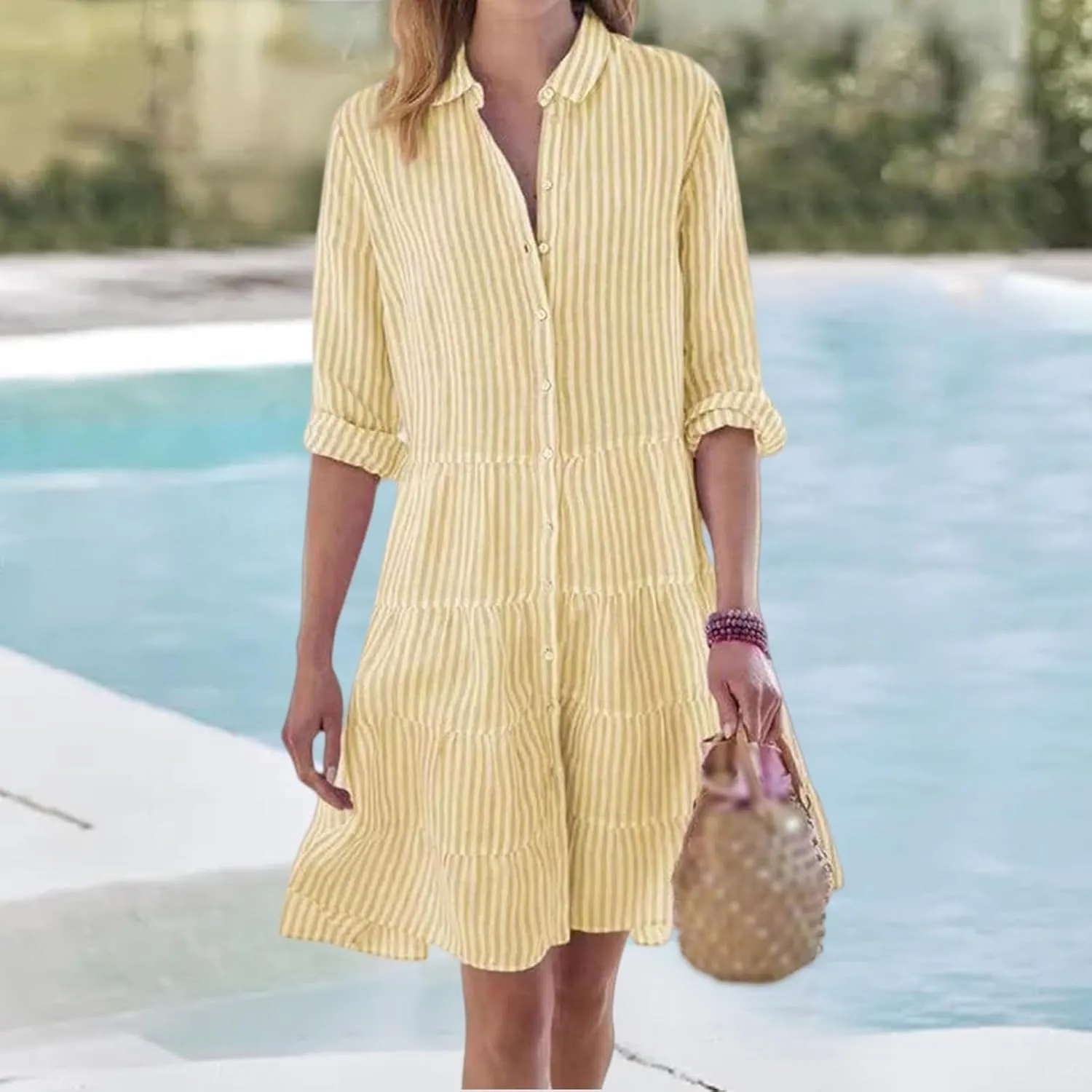 Womens Striped Shirt Dresses Summer Collared Button Down Boho Beach Cuffed Long Sleeve Mini Dress
