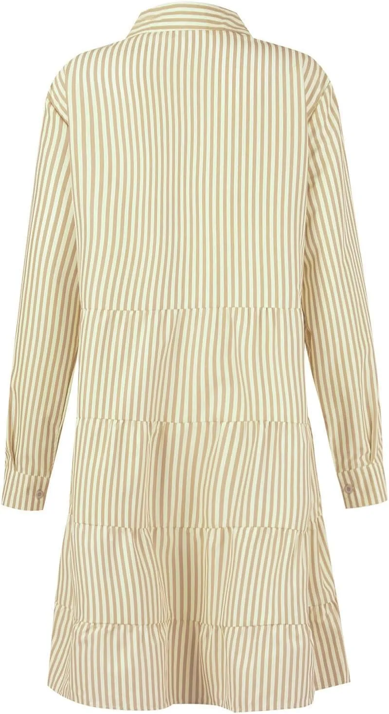 Womens Striped Shirt Dresses Summer Collared Button Down Boho Beach Cuffed Long Sleeve Mini Dress