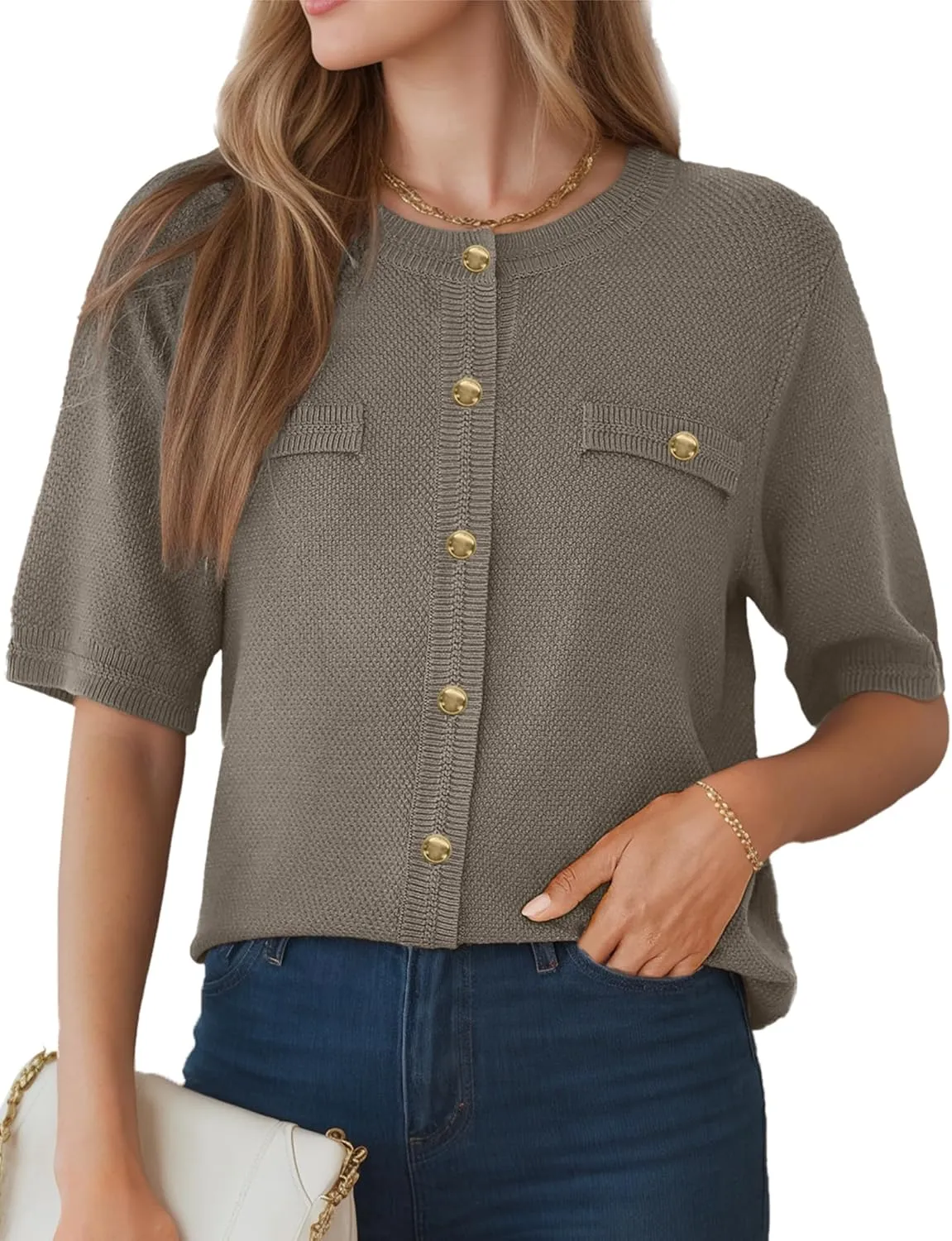 Women's Summer Button Down Shirts Casual Short Sleeve Crew Neck Ribbed Knit Blouse Open Front Work Cardigans